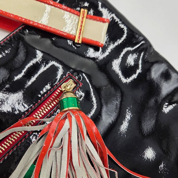 Rare Christian Louboutin CABAS Black Vinyl Tote With Green Red Accents & Tassels - Picture 7 of 13